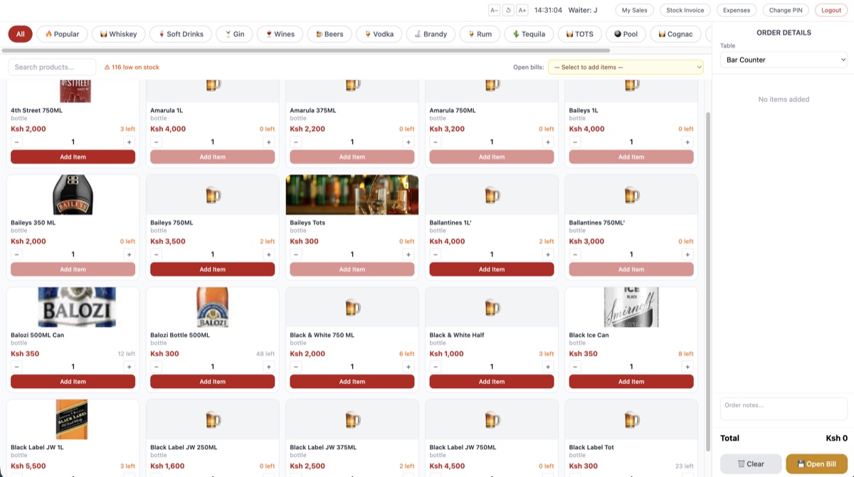 Club POS system screenshot